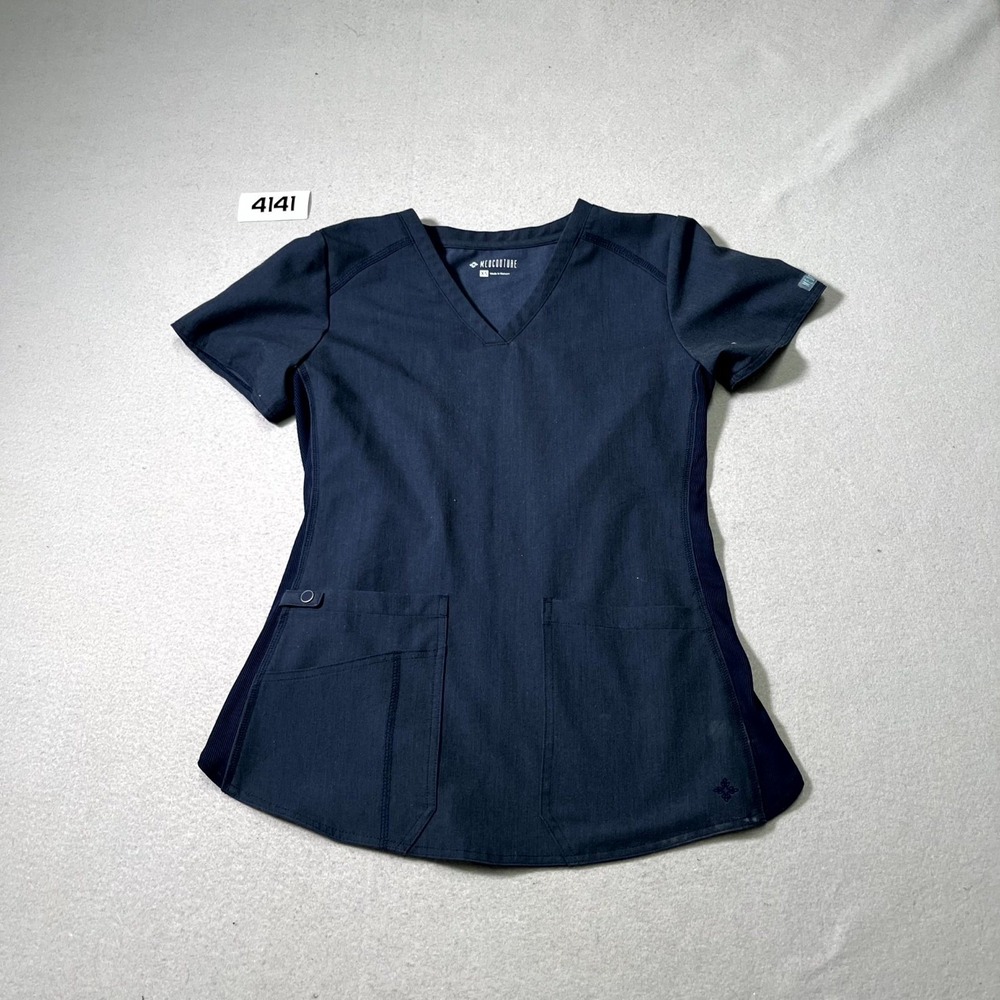 Med Couture Scrub Top Womens XS Navy Blue Medical Ribbed Detail V Neck Pockets